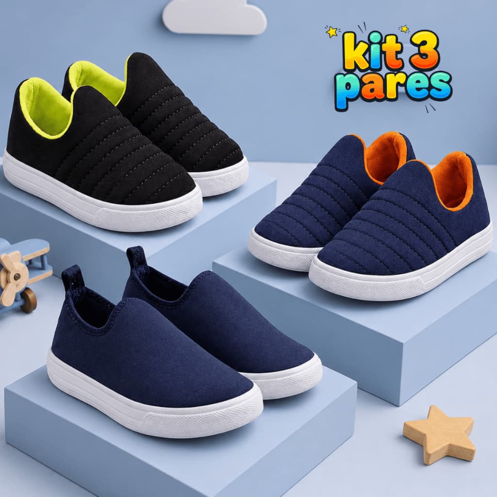 Kit Com 3 Pares Tênis Calce Fácil Infantil Menino Confortável Masculino Promoção Oriignal