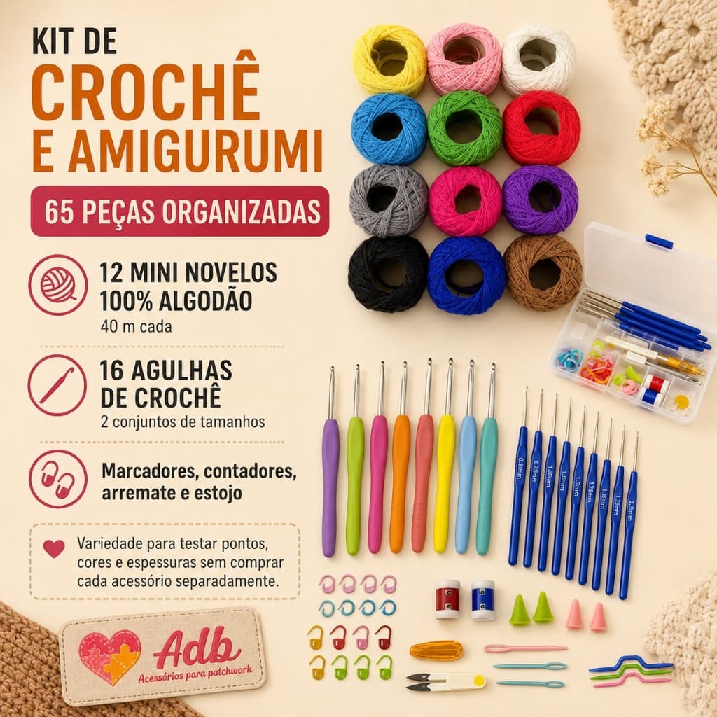 Kit Croche Amigurumi 65 Peças 16 Agulhas 12 Linhas Coloridas Algodão Marcadores Contadores e Estojo