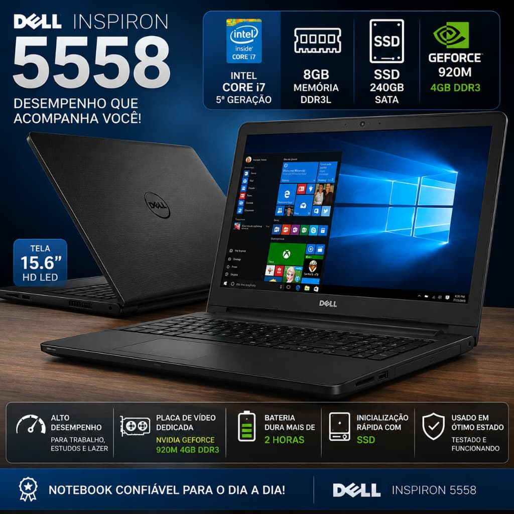 Notebook Dell Inspiron 5558 i7 5ª Geração 8GB SSD 240GB GeForce 920M 4GB 15.6"