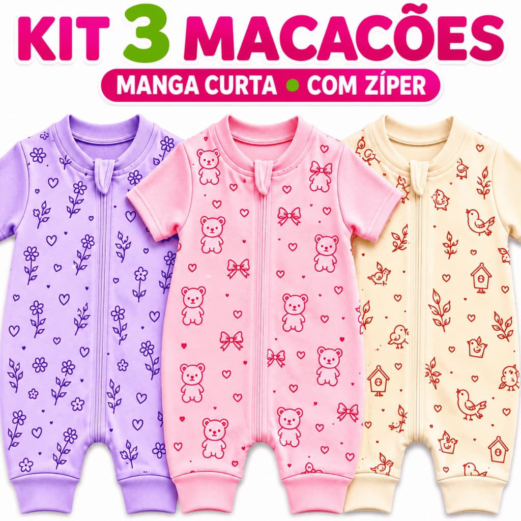 Kit 3 Macacão Bebê Menina Curto Verão Manga Curta Zíper Suedine 100% Algodão Roupa Bebê Enxoval Recém Nascido