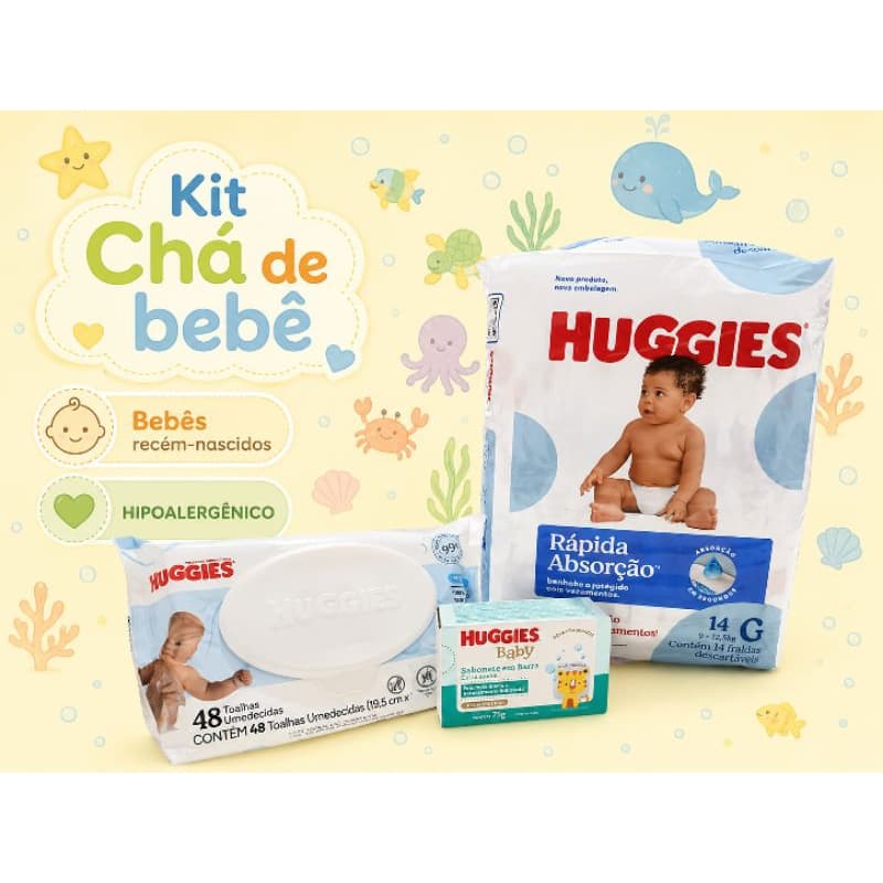 kit Huggies baby Chá de bebê recém-nascidos fralda G com 14 unid.+ lenço umedecido+ sabonete