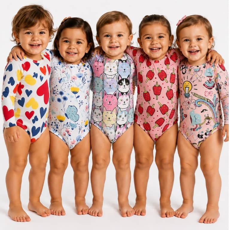 Kit 5 Bodies Bebê Manga Longa Ribana Canelada Premium Estampado Enxoval 1 ao 3