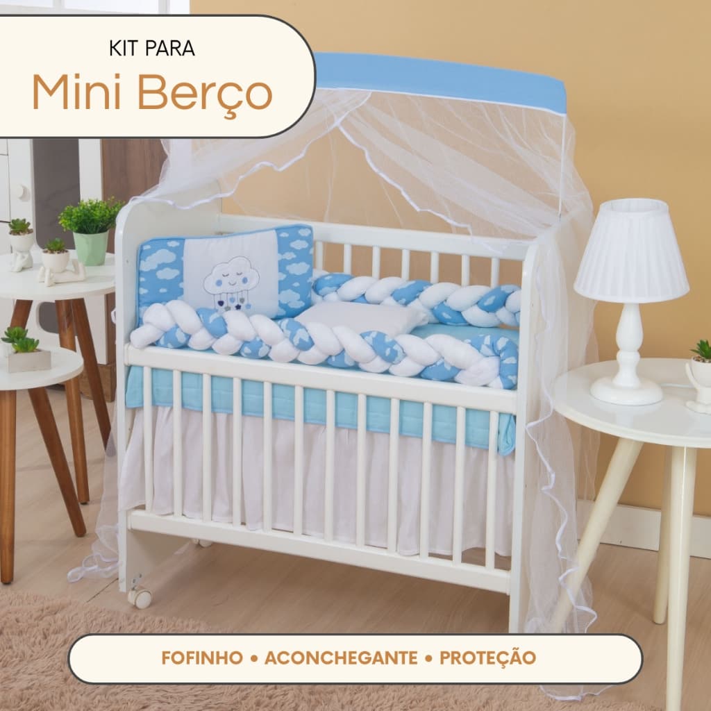 Kit Enxoval Mini Berço 8 Peças com Trança Lateral Edredom Mosquiteiro e Cabeceira Algodão Menino Menina Bebê
