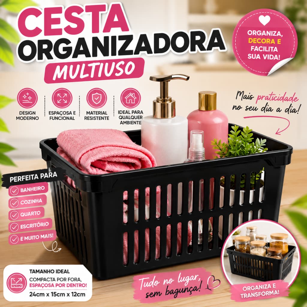 KIT DE 08 - 10 CESTO MULTIUSO ORGANIZADOR PLÁSTICO MÉDIO - BANHEIRO, COZINHA, QUARTO, CASA