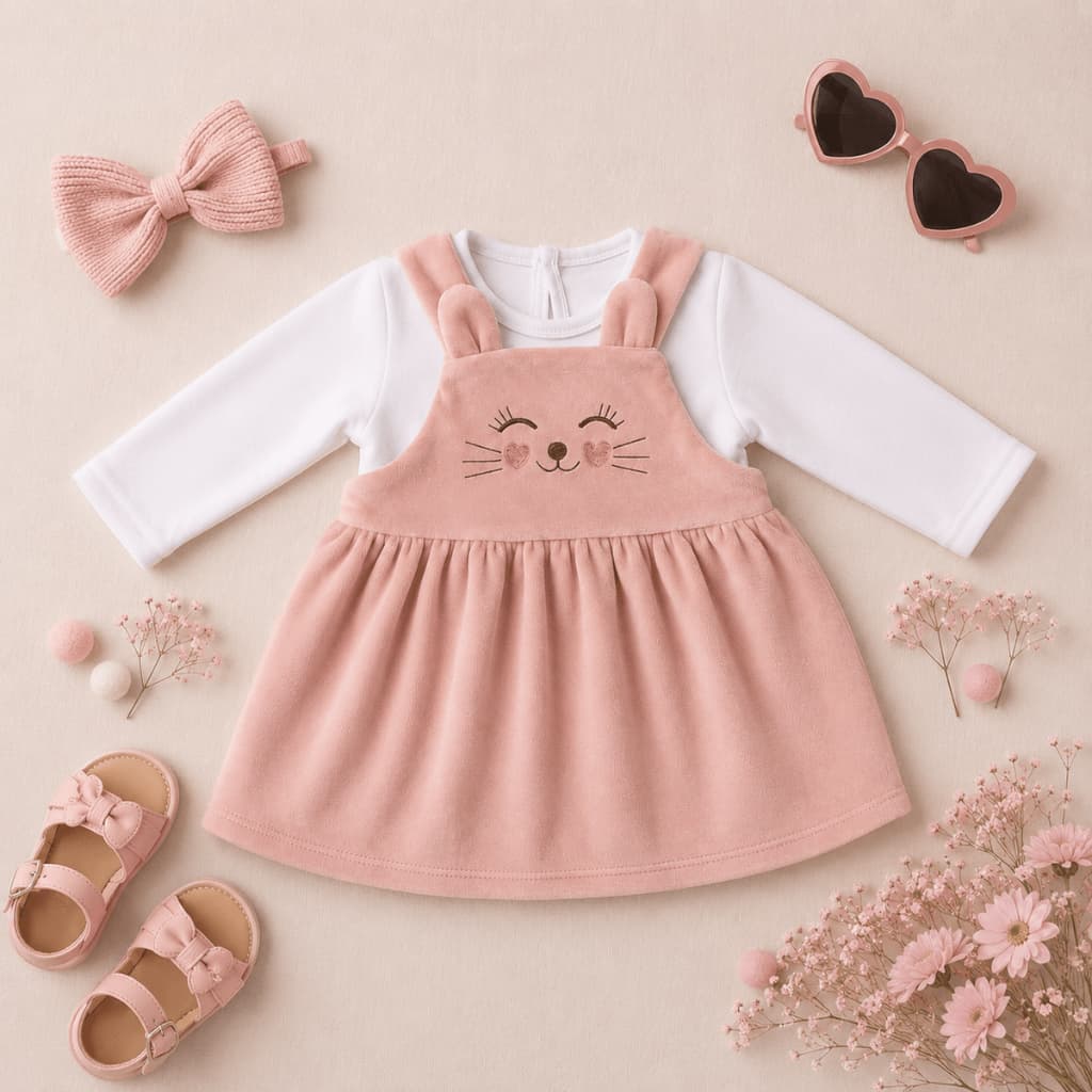 Vestido Jardineira Plush 0-9 Meses Bordado Gatinha Salopete Bebê Menina