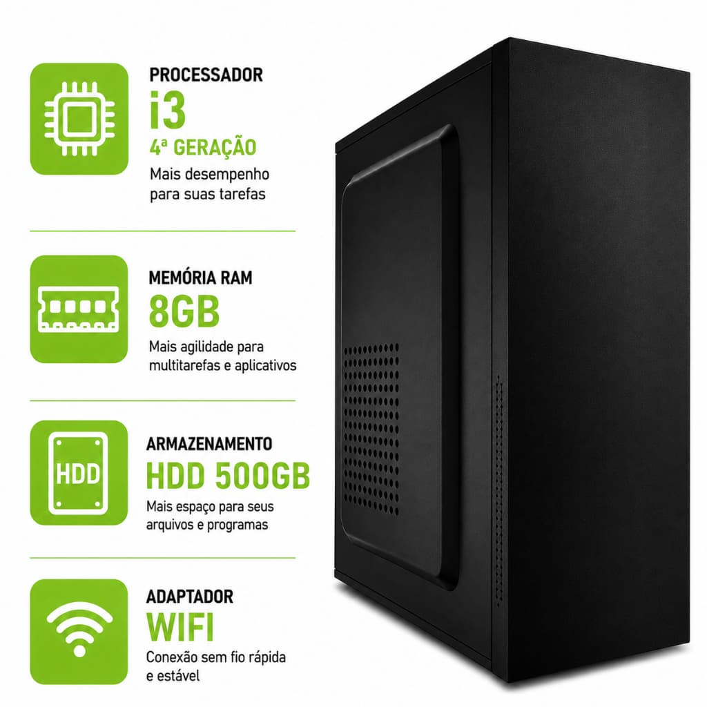 Desktop Computador Intel i3 De 4ª Geração 8Gb Ram Ddr3 HD 500Gb Cpu Torre Com Wifi Cabo De Força