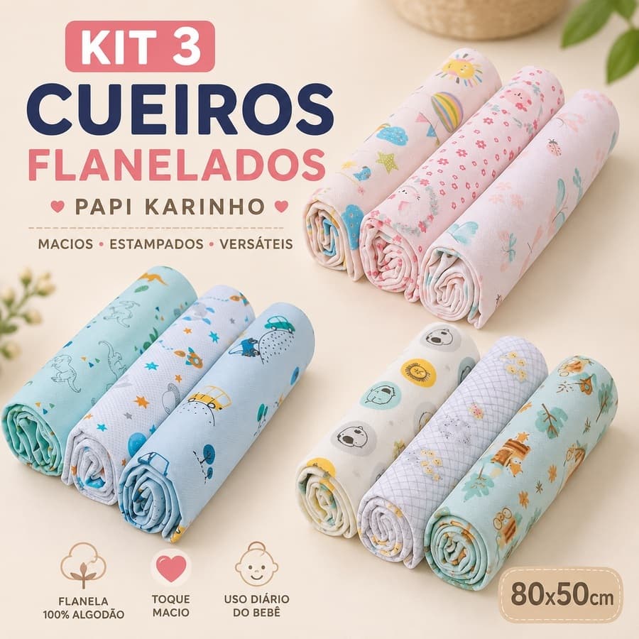 Kit 3 Cueiros Bebê Flanelados Papi Karinho 80x50cm Estampados Menino Menina Unissex