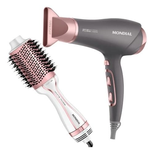 Kit Secador De Cabelo Profissional E Escova Secadora Alisadora Modeladora Mondial Íon Tourmaline Keratin