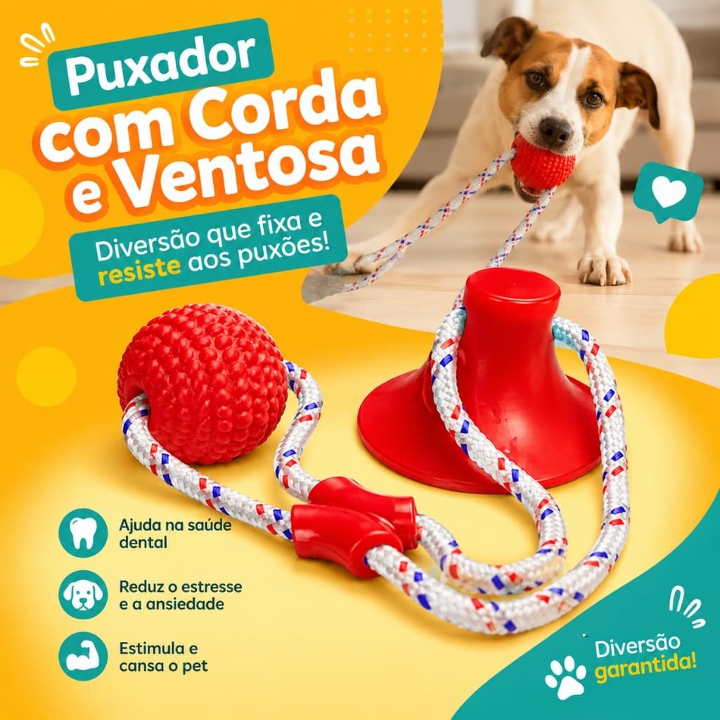 Brinquedo Interativo para Cachorro com Ventosa Corda e Bola Mordedora Resistente para Cães