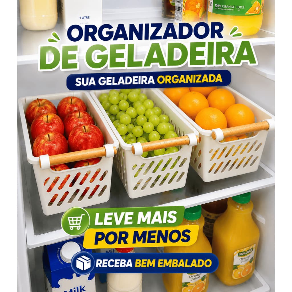 Organizador Multiuso P/ Geladeira, Cozinha, Armário, Sala, Quarto, Lavanderia Com Alça de Madeira e Divisória