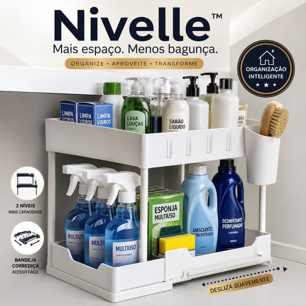 Organizador Nivelle™ Multiuso 2 Níveis com Bandeja Corrediça para Cozinha Banheiro Armário