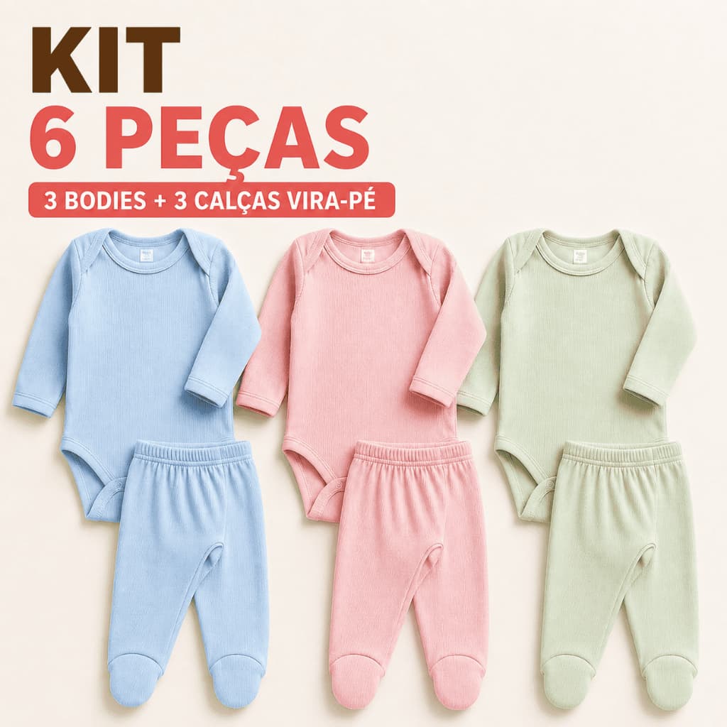 Kit Bebê 6 Peças 3 Bodies Manga Longa + 3 Calças Mijão Vira Pé Canelado Enxoval RN P M G