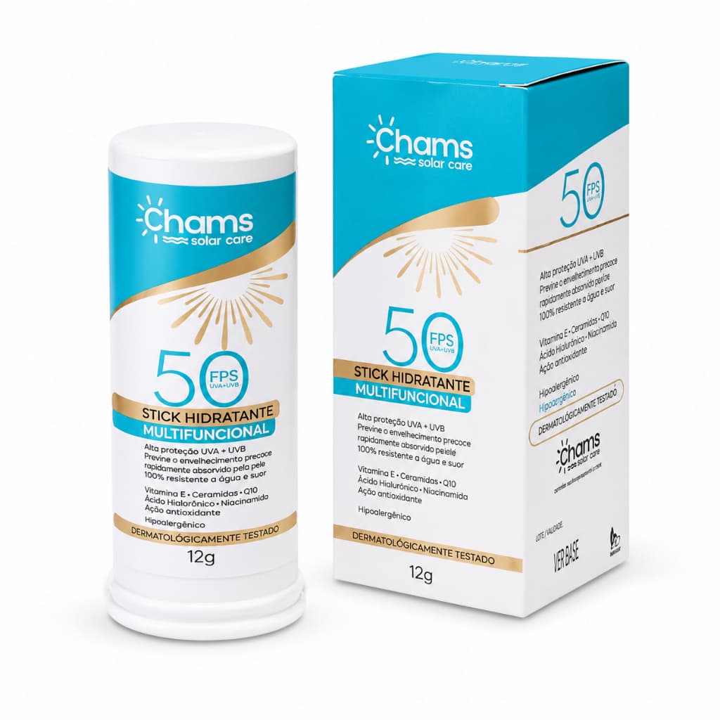 Protetor solar bastão sem cor hidratante 50 FPS Chams Branco | Protetor solar facial bastão 12g
