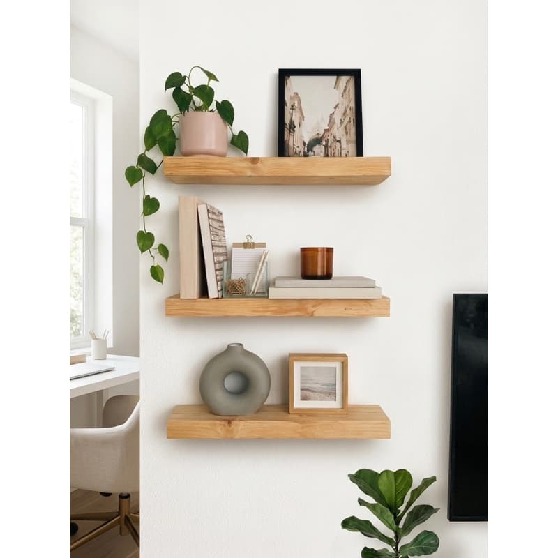 Kit 3 Prateleiras Madeira Maciça Parede Suspensa Decorativa 30x20cm Entrada Sala Quarto Cozinha Suporte Invisivel