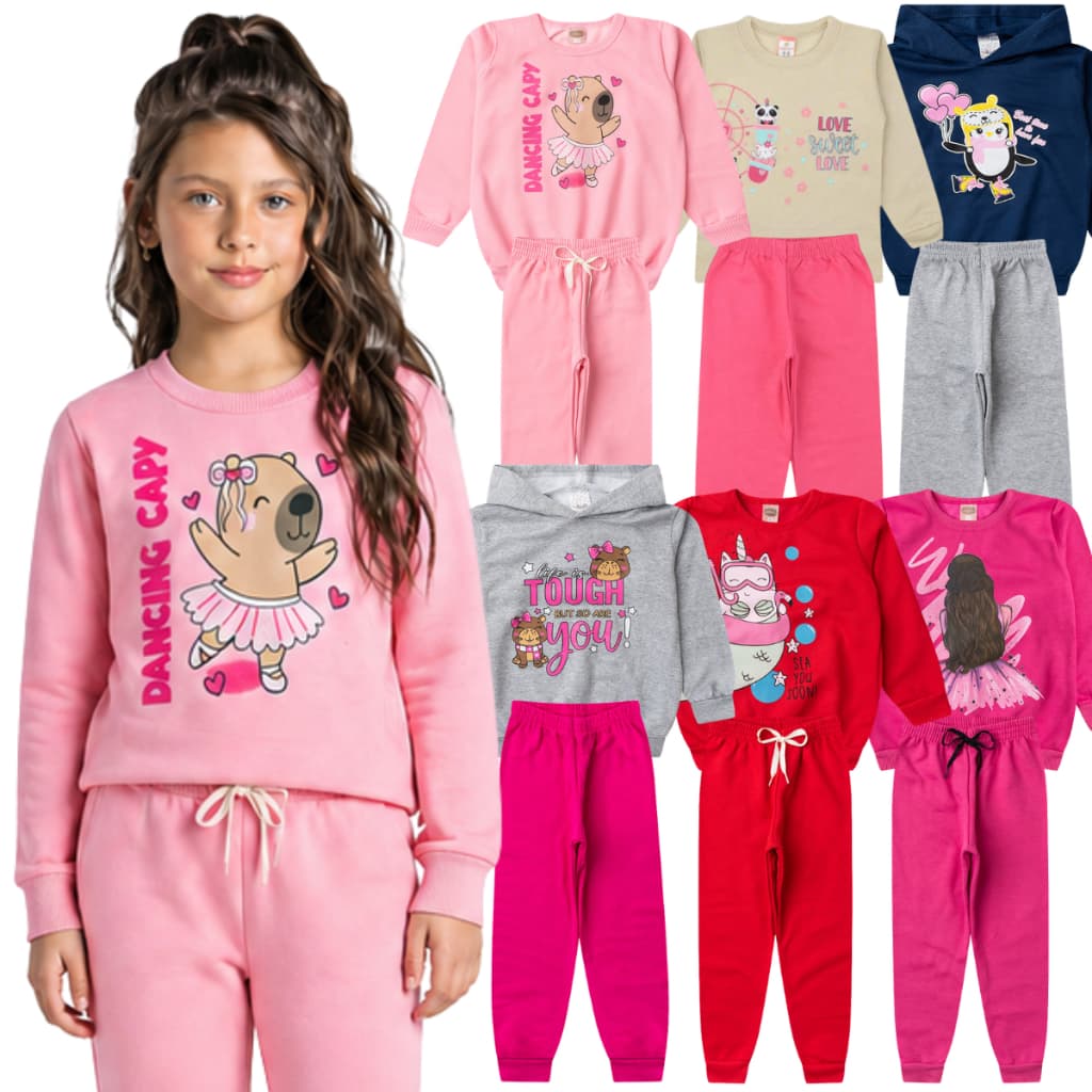Kit 3 Conjuntos de Moletom Inverno Feminino Infantil Menina Peluciado Algodão