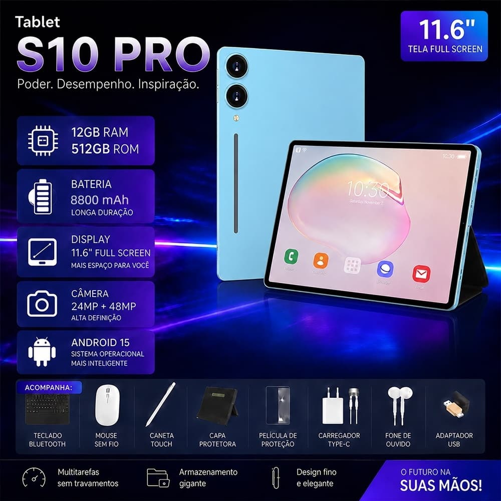 Tablet Galaxy S10 PRO 11.6" Android 15 12GB RAM 512GB ROM 8800mAh Câmera 48MP Teclado Mouse  Ideal for Studies and Games