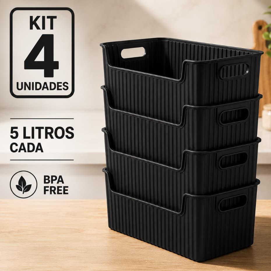 Kit 4 Cestos Organizadores 5 Litros BPA FREE Canelado Multiuso Geladeira Gaveta Armário Banheiro