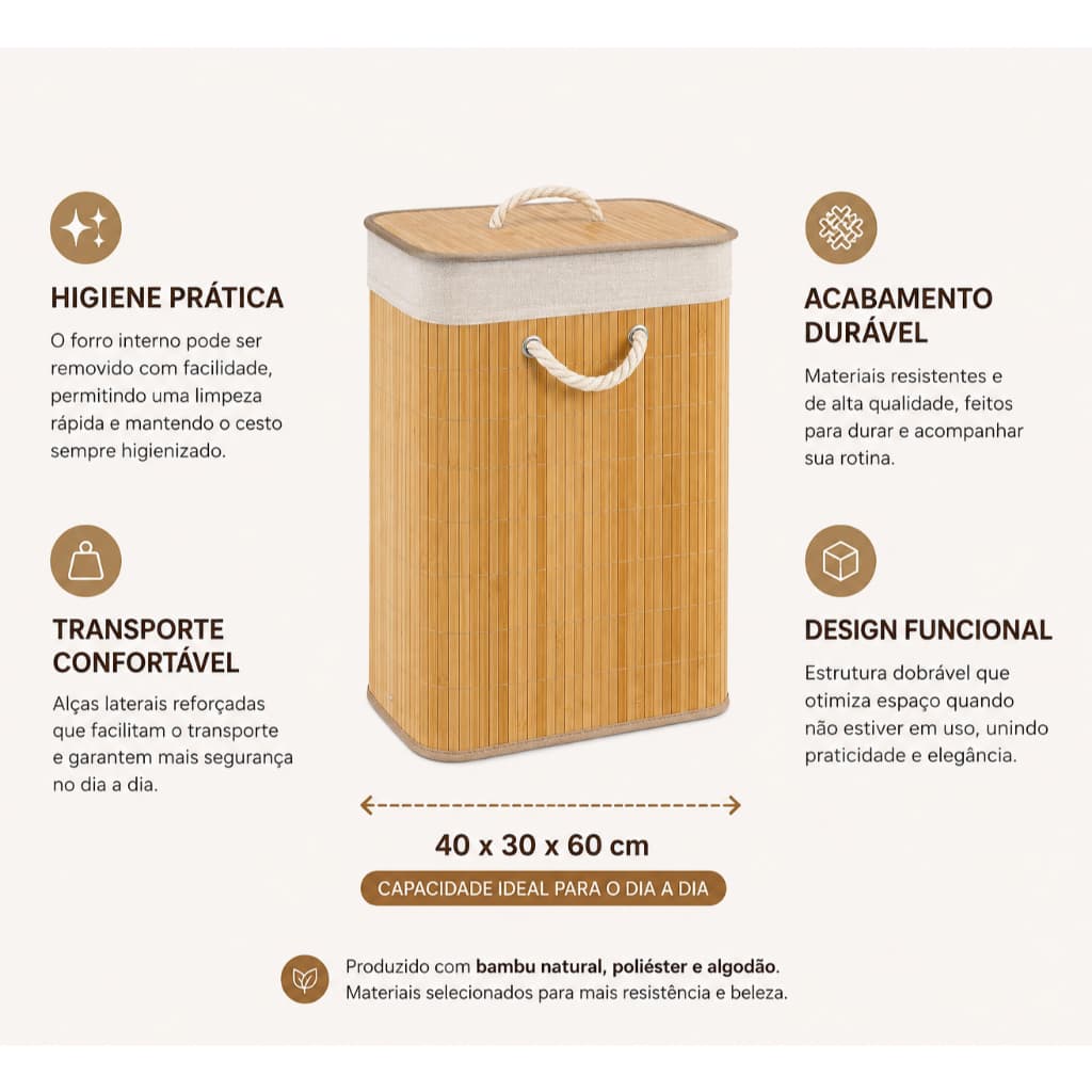 Cesto Organizador de Roupa Bambu 72L Retangular com Tampa e Alças para Banheiro Lavanderia