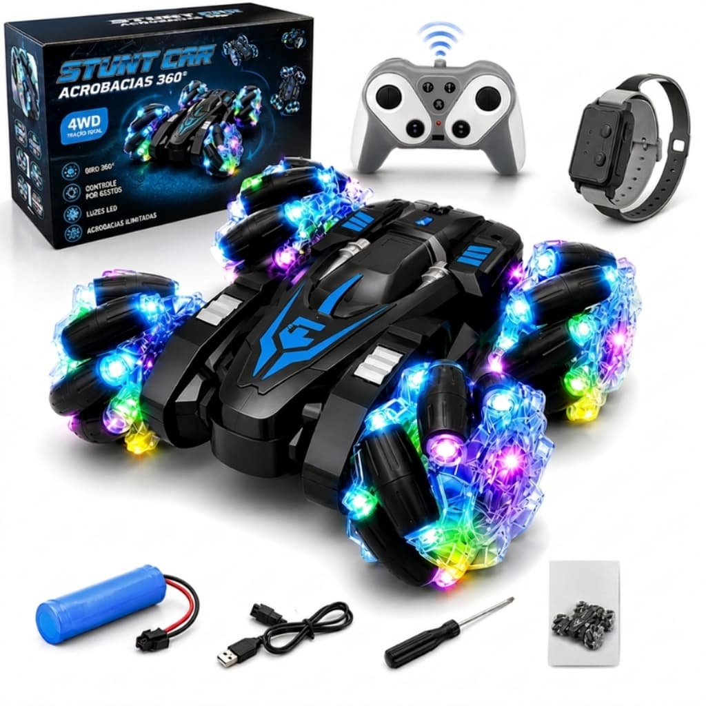 Carrinho de Controle Remoto Maluco Acrobático 4x4 Gira 360 Graus Luzes LED Gestos Recarregável Brinquedo Infantil
