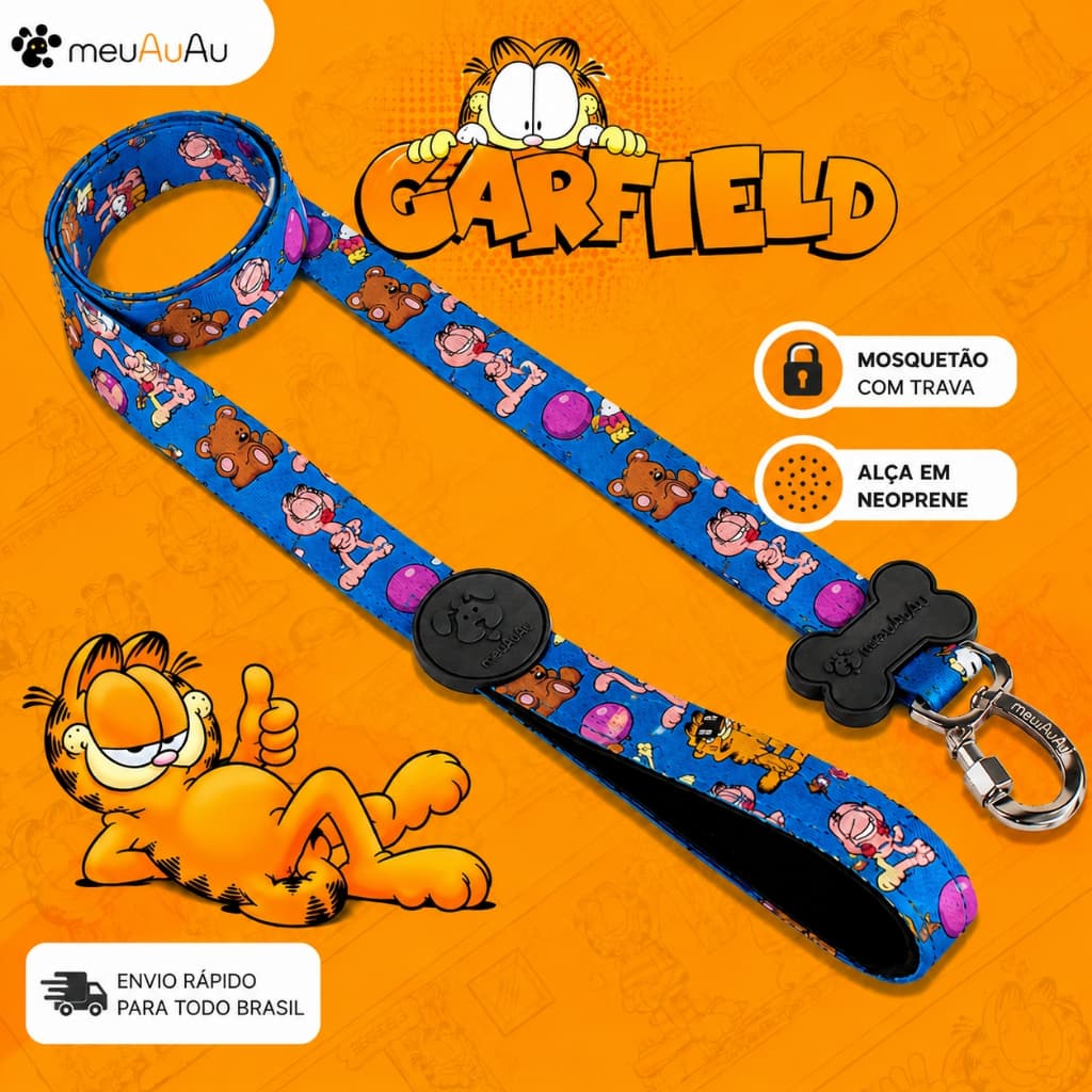 Guia para Cachorro meuAuAu - Original Garfield  120cm mosquetao reforcado - Gatos Cao PET