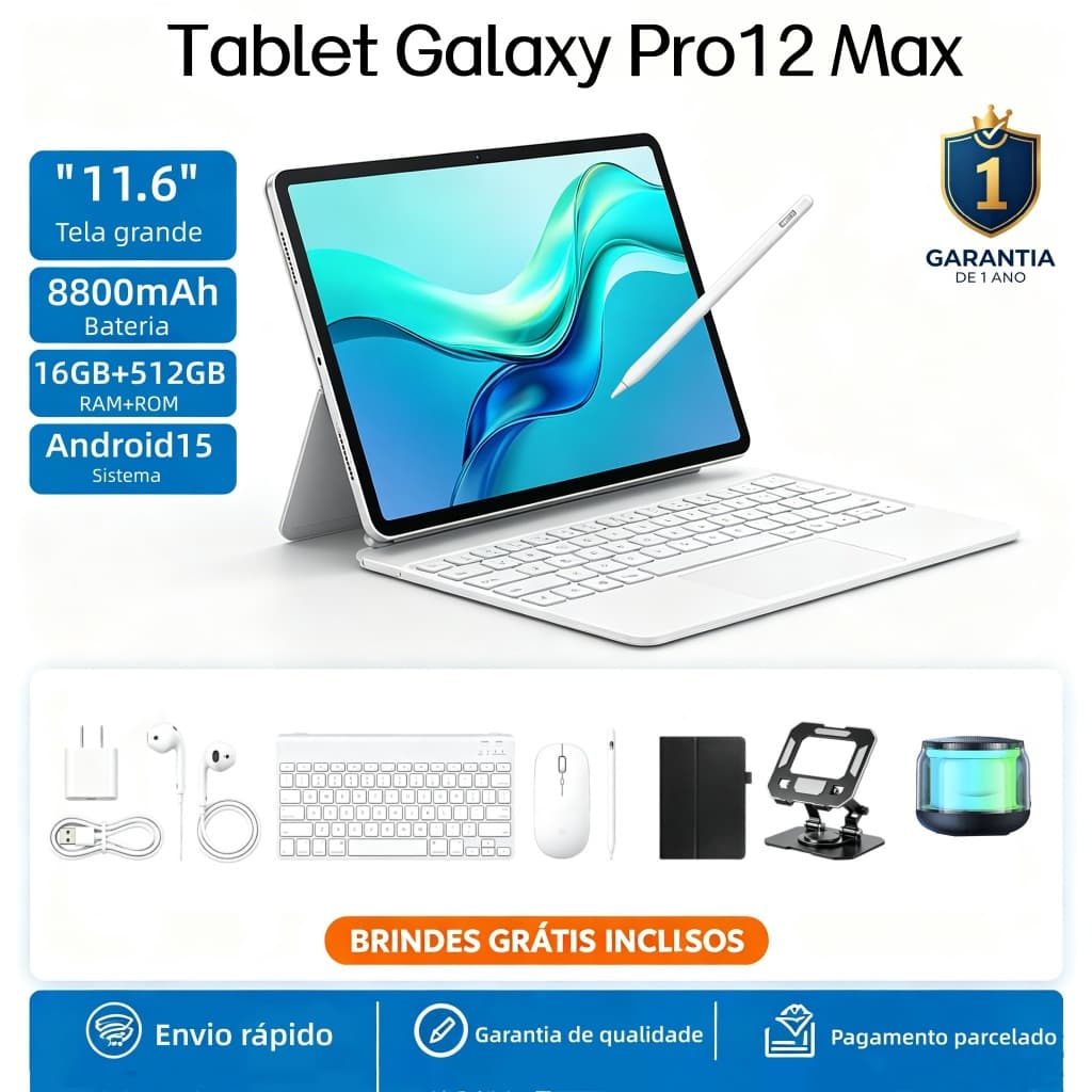 【Teclado e mouse grátis】Tablet Galaxy Pro12 Max 11,6 polegadas, 16 GB + 512 GB, bateria de 8.800 mAh, Android 5G