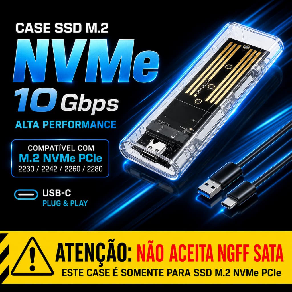 Case Externo SSD M.2 NVMe USB-C 10Gbps Transparente Gaveta Adaptador Para PC Notebook Computador