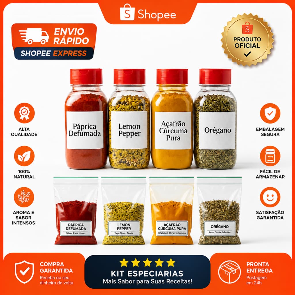 Temperos Kit Completo 4 Potes + 4 Saquinhos Refil Páprica Defumada Lemon Pepper Cúrcuma Açafrão Orégano
