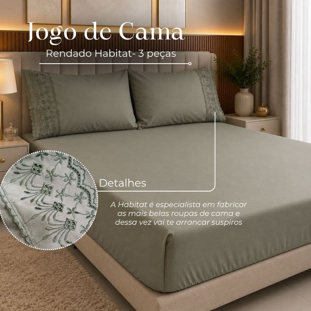 Kit Jogo De Lençol 3 Peças Solteiro Casal Queen Flora Renda C/ Porta Travesseiro Toque Macio Várias Cores Habitat