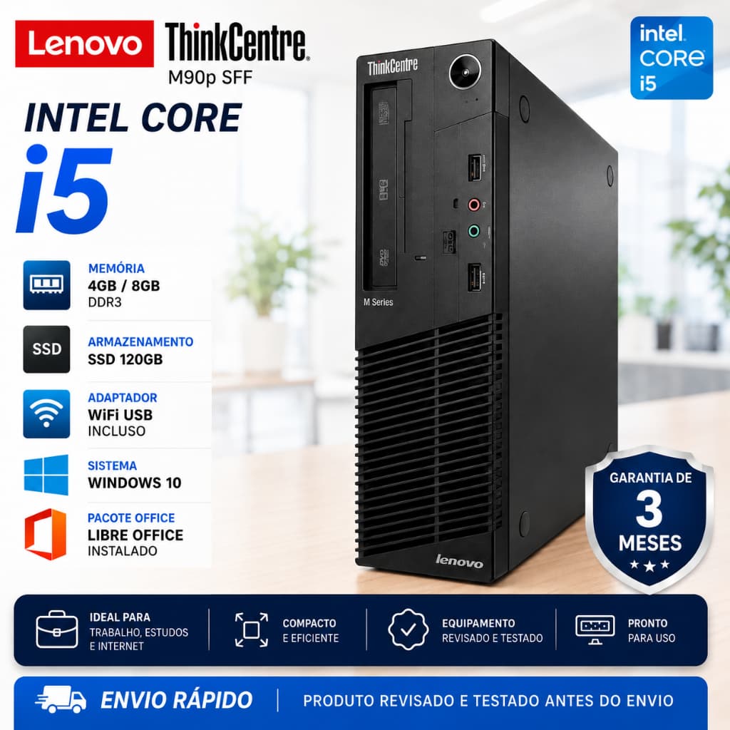 Computador Usado - Lenovo ThinkCentre M90p Intel Core i5 4GB 8GB SSD 120GB WiFi Windows com Monitor