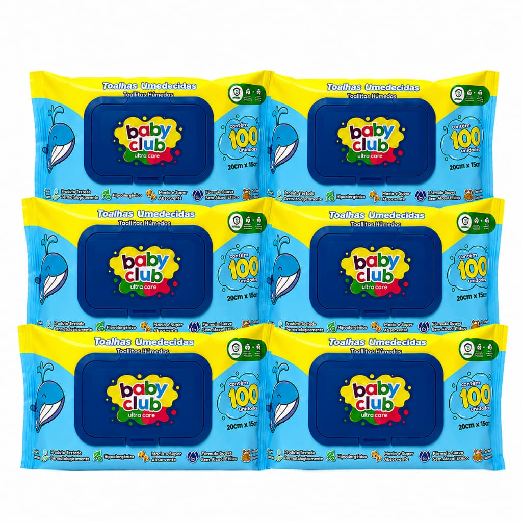 Kit 6 Toalhas Umedecidas Baby Club 100 Folhas Cada 600 Lenços Umedecidos Bebê