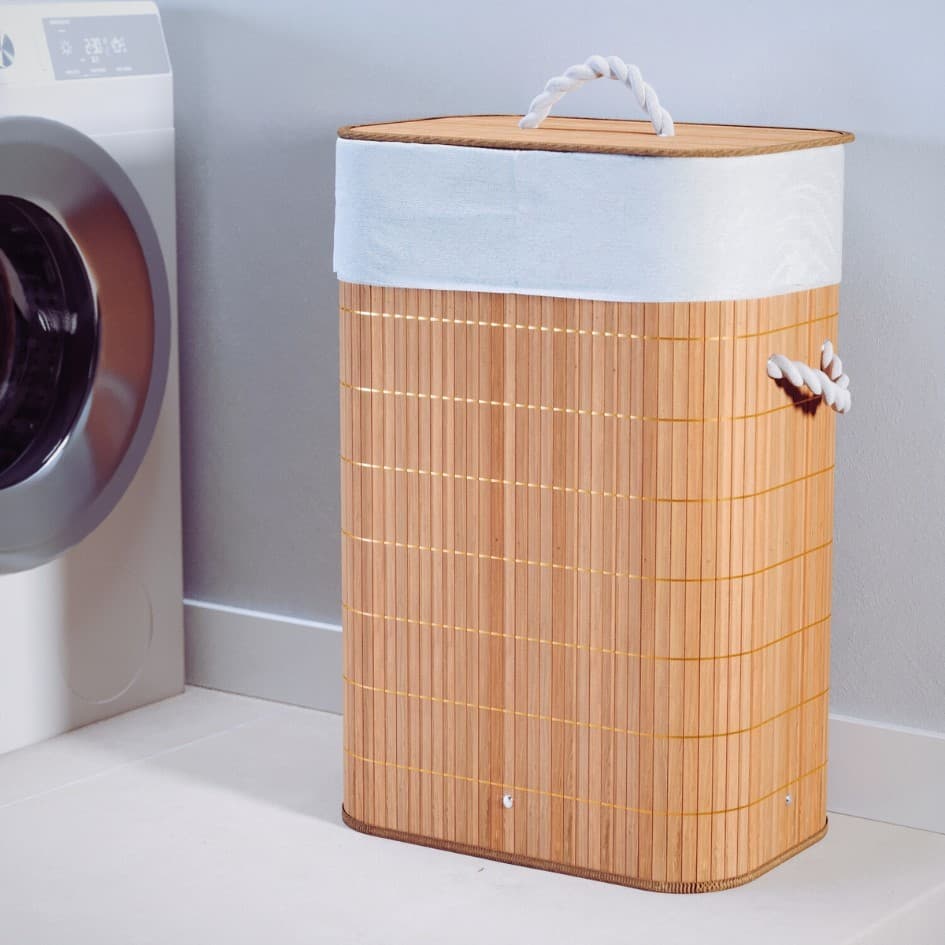 Cesto Roupa Suja Bambu 72 Litros Lavanderia Com Tampa e Alças Forrado Grande Organizador Banheiro