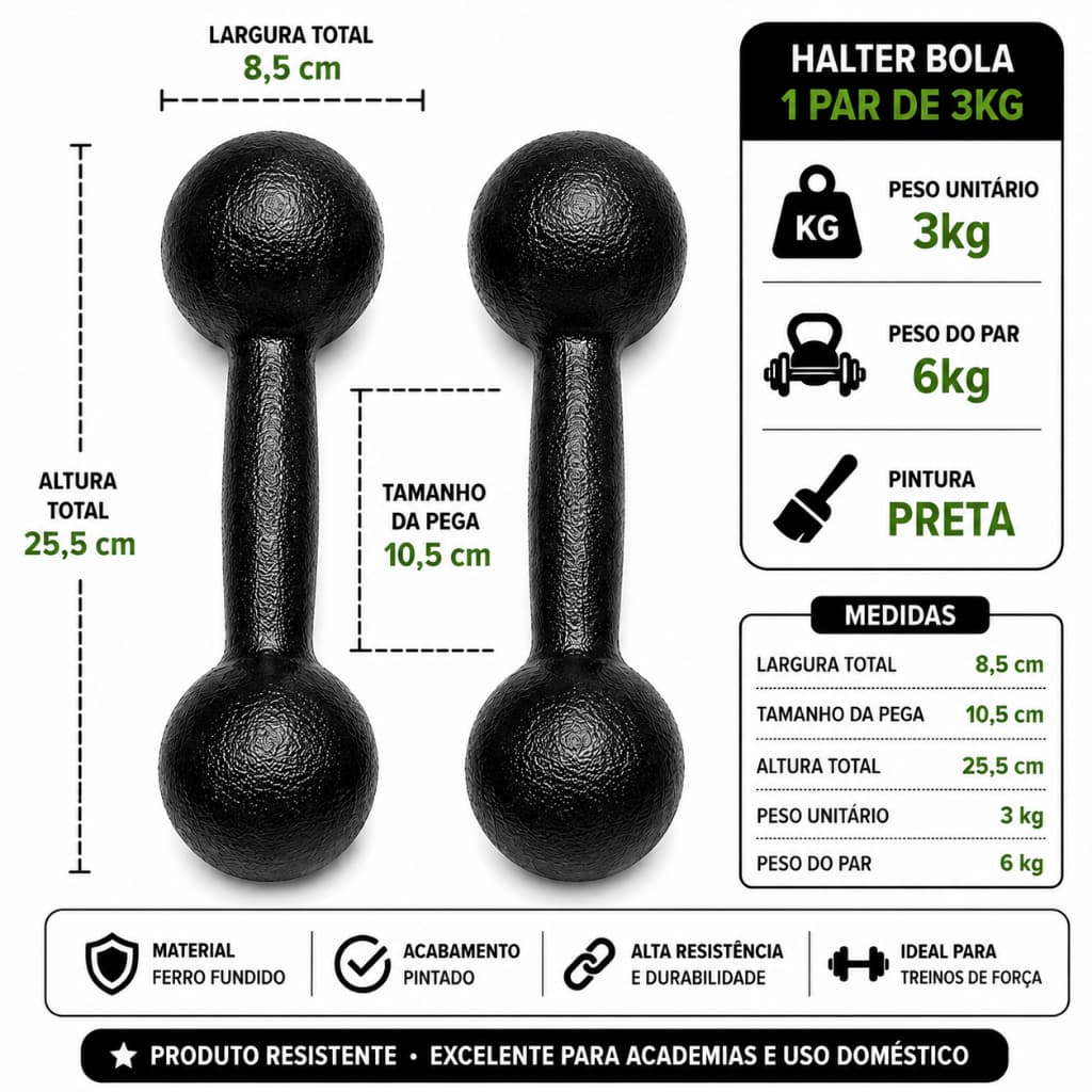 Halter Bola 3kg Par 2 Unidades Ferro Fundido Pintado Preto Academia Treino Musculação