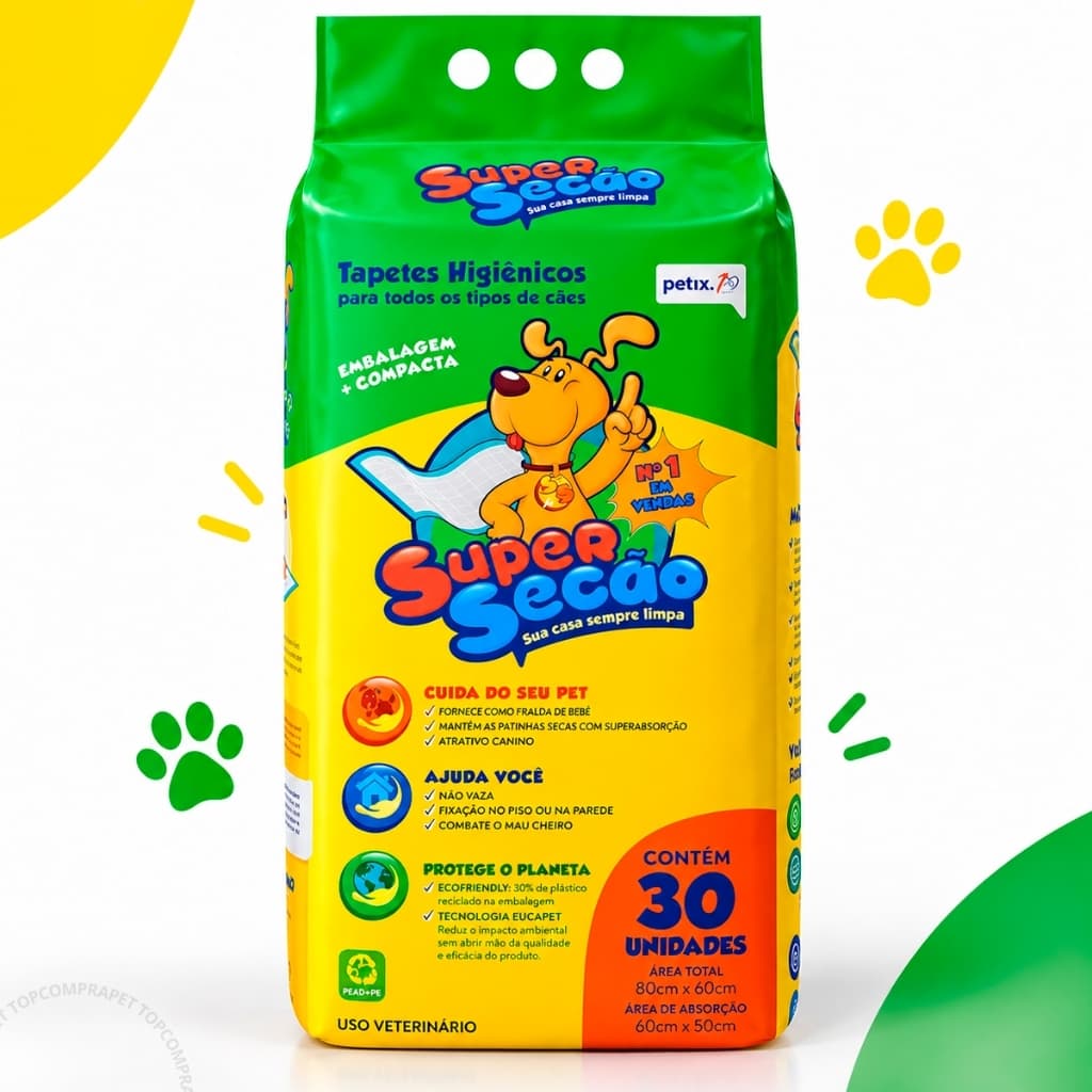 Tapete Higiênico Super Secão 80x60cm 30 Unidades para Cachorro Fralda Pet Descartável Xixi Petix