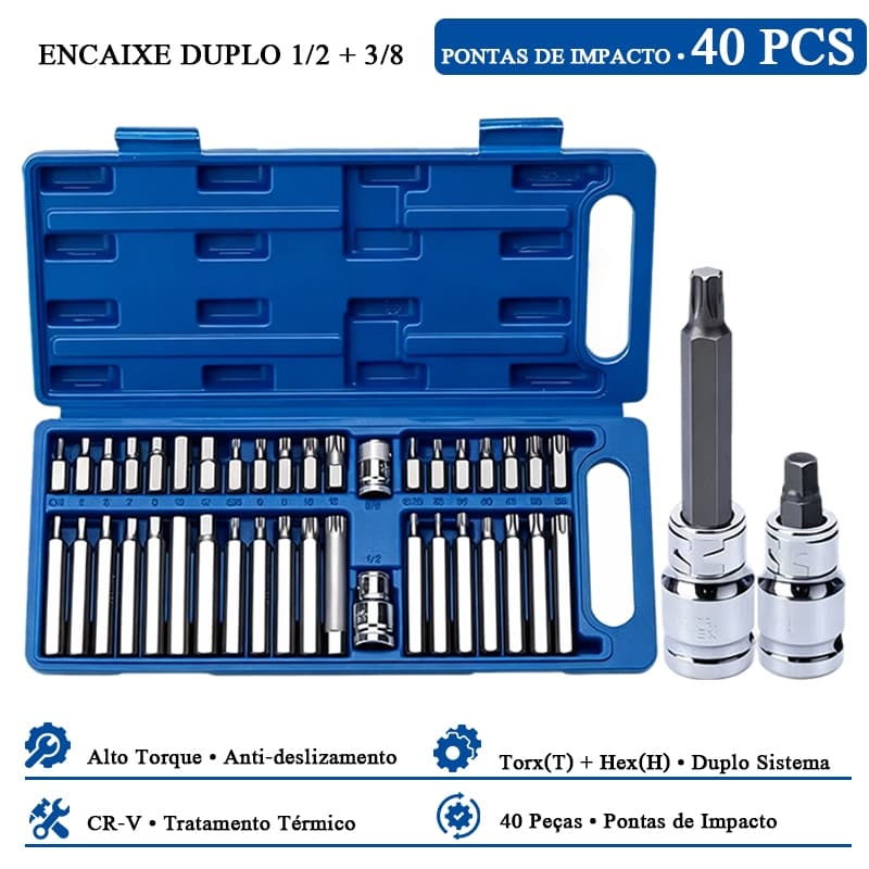 Kit Ferramentas 40 Peças Completo Pontas Impacto Torx Hex 1/2" 3/8" Estojo Mecânico
