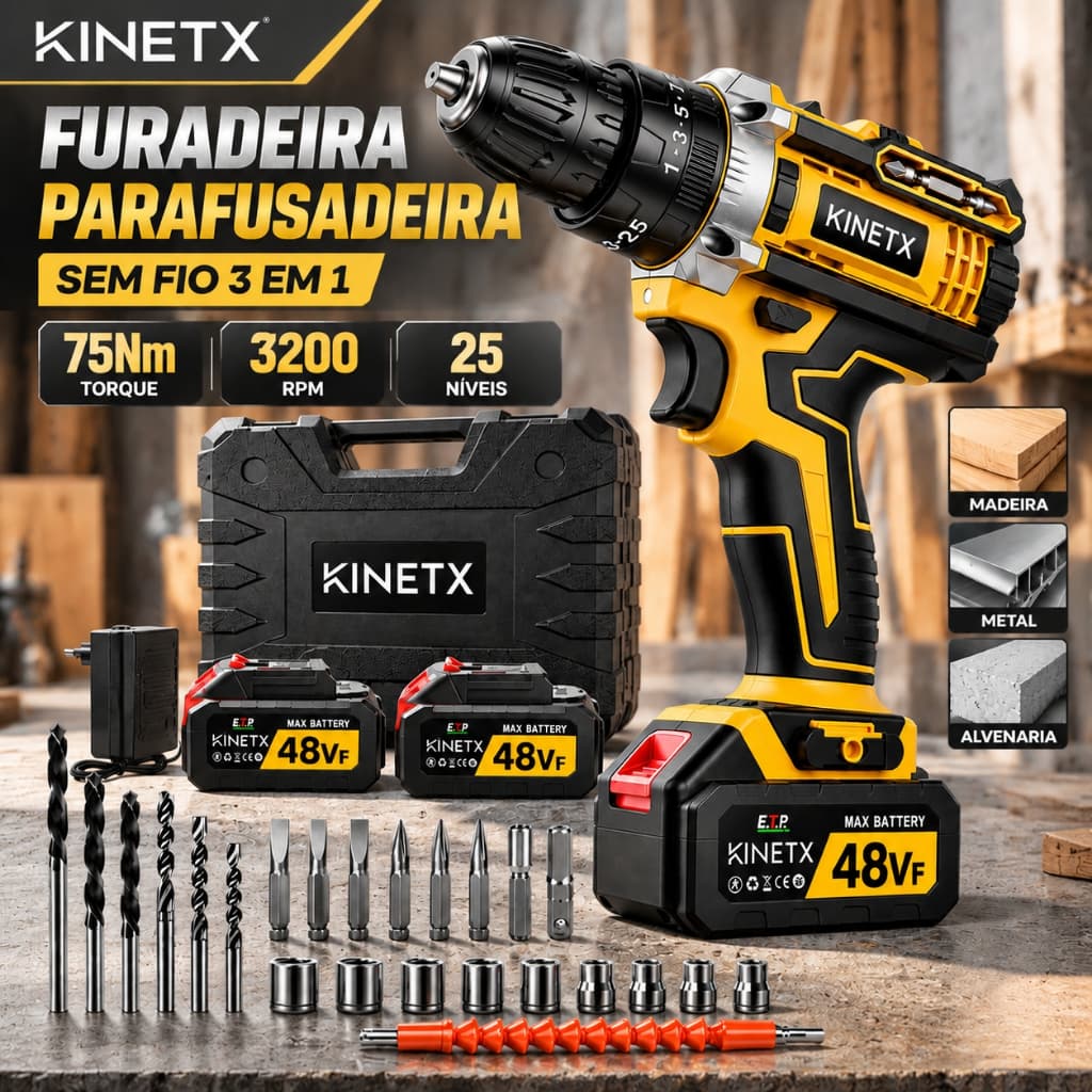 Chave De Impacto Parafusadeira Furadeira 75Nm 3200RPM 10mm Bivolt 25 Torques Kit Profissional Com 2 Baterias KINETX