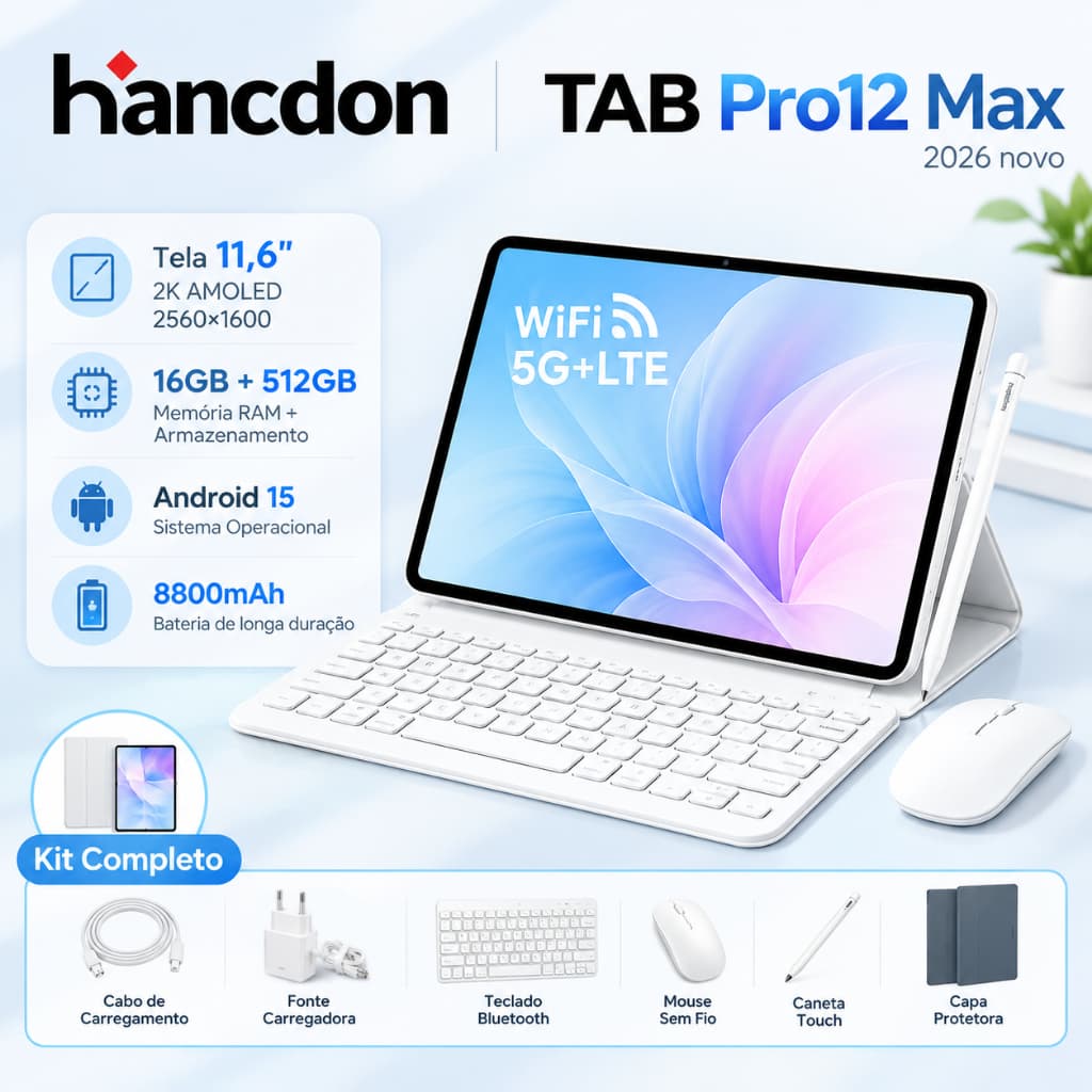 Hancdon Tablet Pro12 Max | 16GB+512GB | Snapdragon 888 | Android 15 | Tela FHD 11.6" | 8800mAh  4G/5G LTE