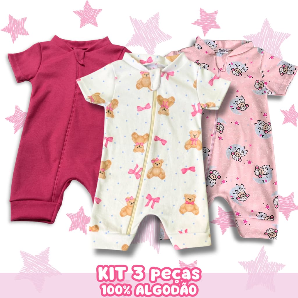 Kit 3 Macacão Verão Bebê Menina Algodão 100% Zíper Curto Passeio Confortável Malha Fresca