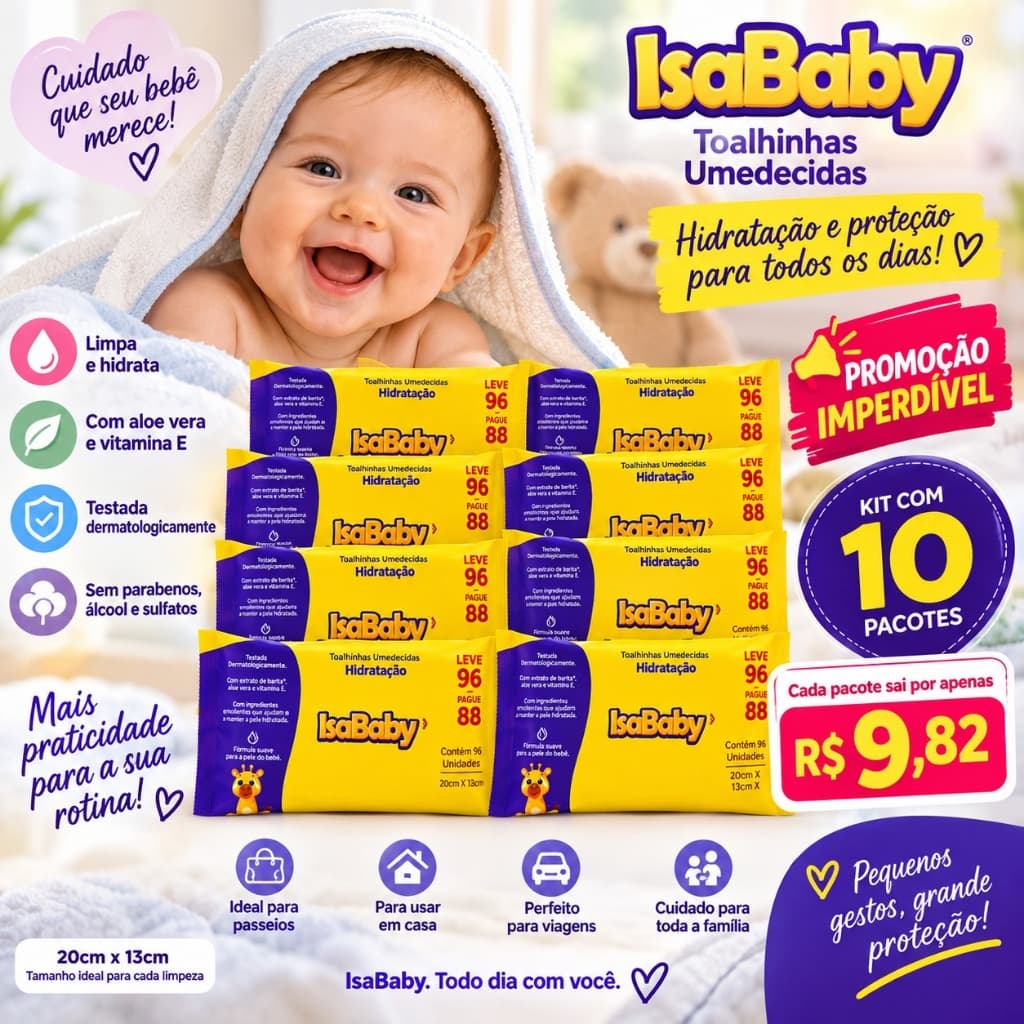 Kit 10 Pacotes de Lenço Umedecido / Toalha Umidecida - IsaBaby 960 Unidades - Aloe Vera, Vitamina E  Hidratação bebê