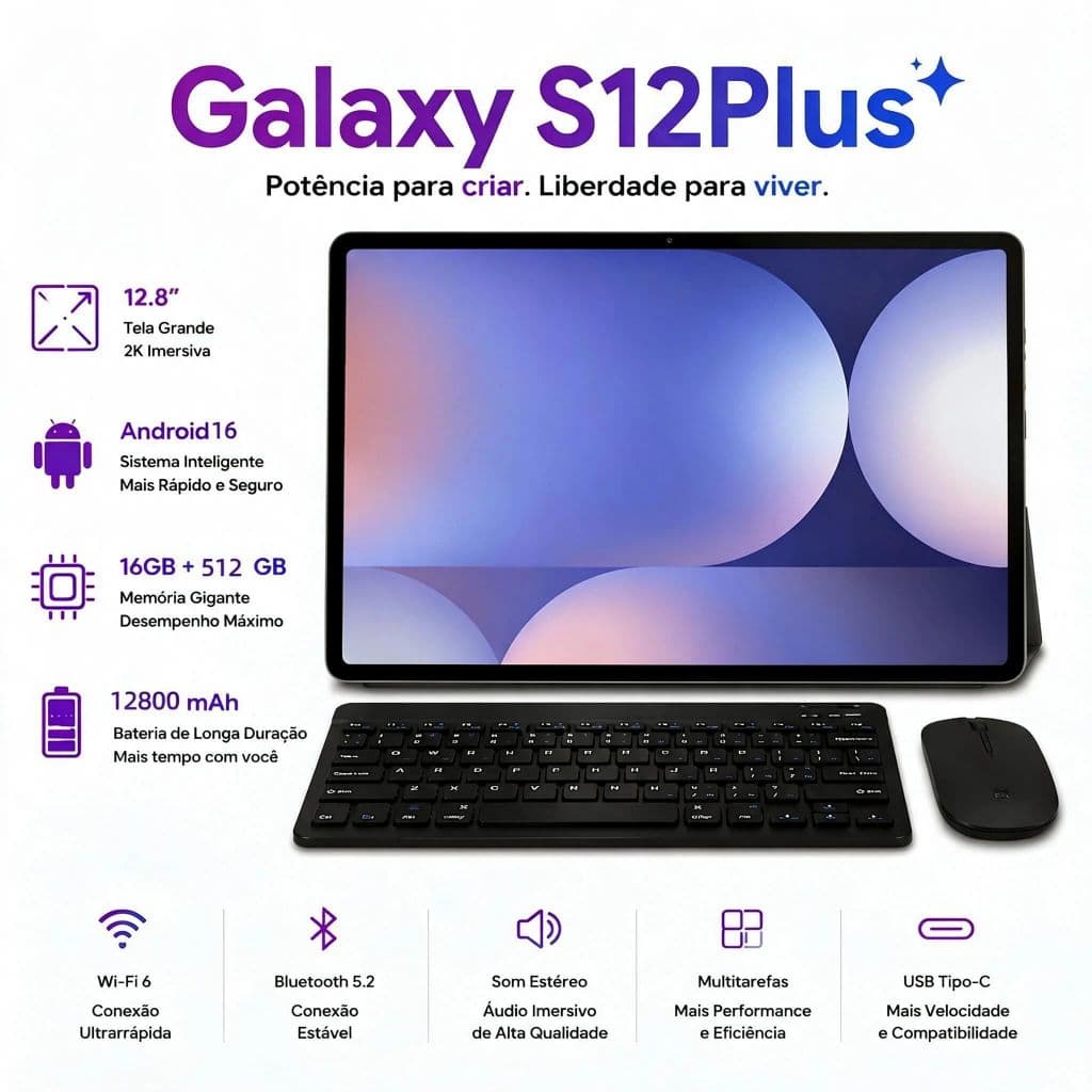 Galaxy tablet S12 Plus 16B RAM +512GB HD 12,8 Polegadas Tela Grande pad Android Dual SIM Card  WIFI 5G 12800mAh