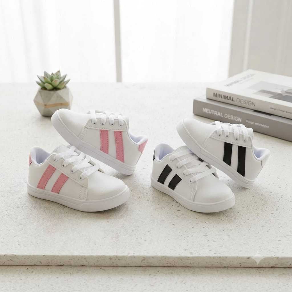 Tenis infantil unissex branco detalhe rosa ou preto confortavel e estiloso fechamento em cadarço