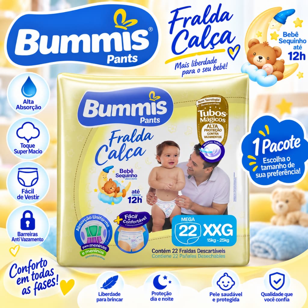 Fralda Calça Descartável Infantil Bummis Pants Mega Tamanho XXG com 22 Unidades
