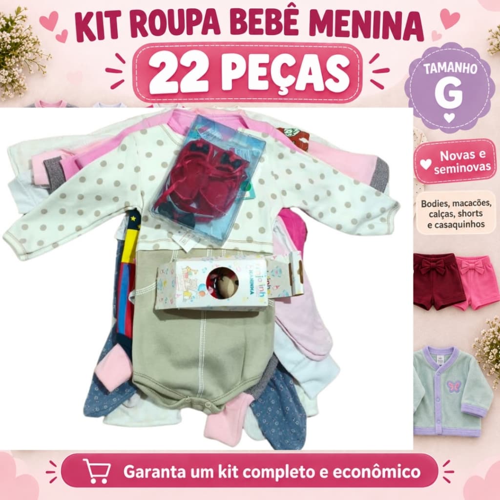 kit roupa bebê menina 6 a 9 meses 22 peças, lote roupas bebê menina 6 a 9 meses, kit roupas bebê menina novas e seminova