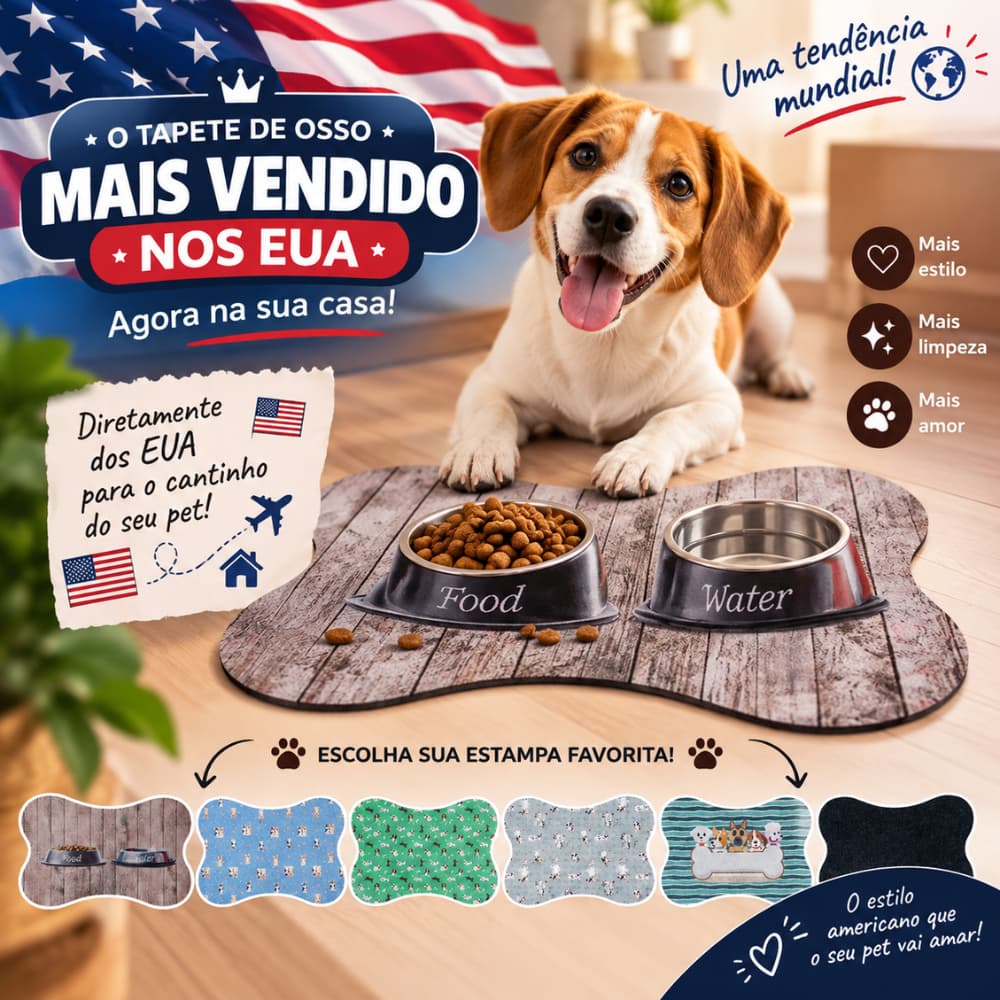 Tapete para Comedouro Pet Antiderrapante Ossinho 30x45cm Cachorro Gato Bebedouro Ração Água