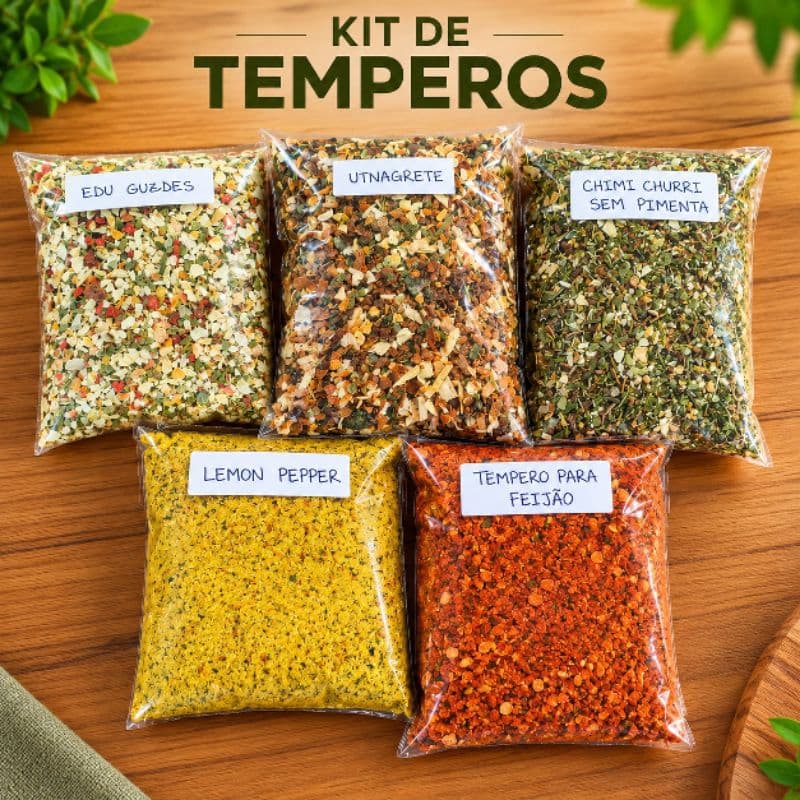 Kit de Temperos Naturais 5 Sabores 50g | Edu Guedes, Vinagrete, Chimichurri, Lemon Pepper e Feijão
