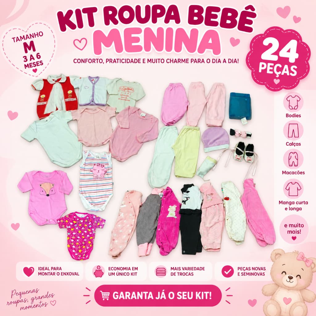 Kit Roupa Bebê Menina 3 a 6 Meses 24 Peças Tamanho M Enxoval com Bodies Macacões e Calças