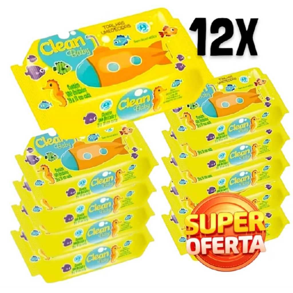 Toalhas Umedecidas Clean Baby 12 Pacotes 100 Lenços | Lenço Umedecido Bebê Higiene e Limpeza