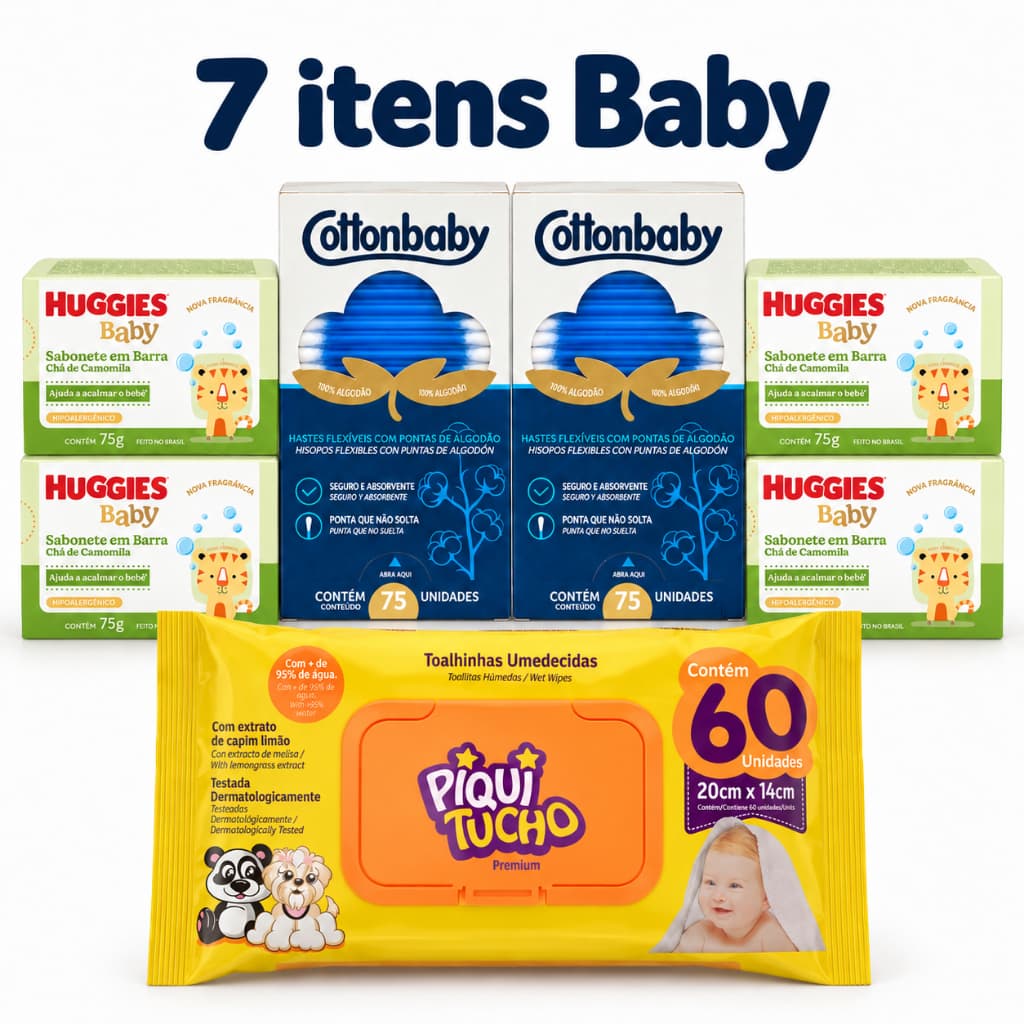 7 ITENS DE HIGIENE BEBE CUIDADO 4 SABONETES HUGGIES CAMOMILA 2 COTTONBABY 75UN 1 LENÇO UMEDECIDO PIQUITUCHO 60UN BANHO