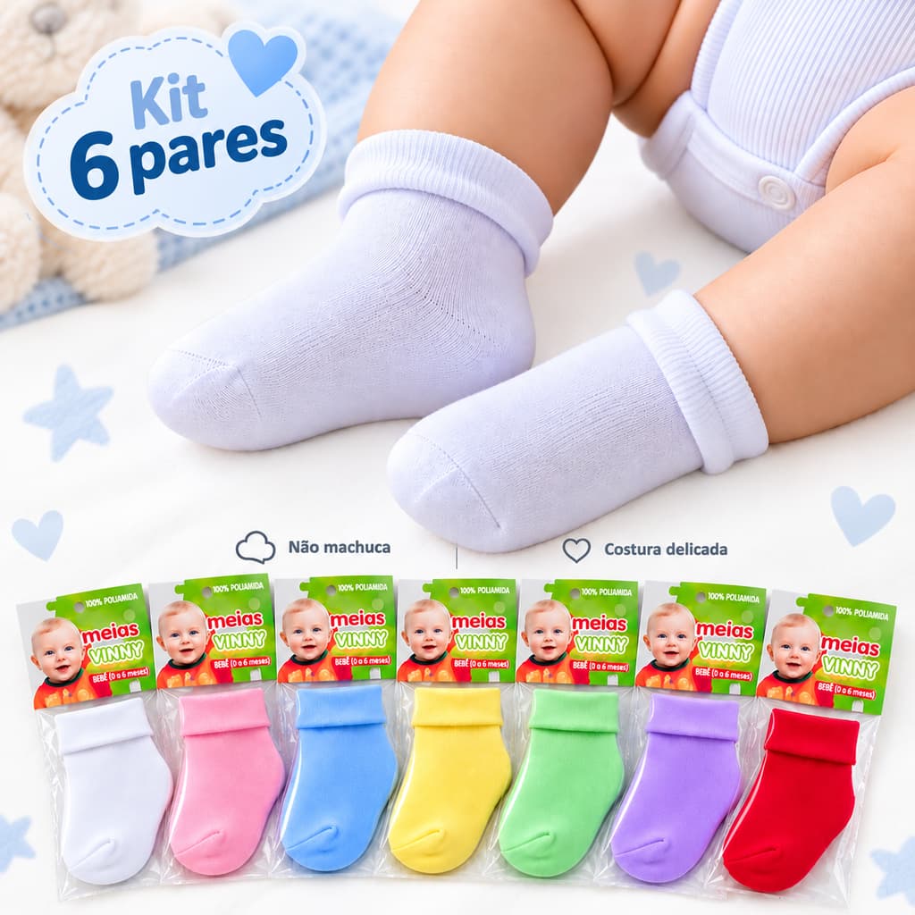 Kit 6 Pares Meia Bebê RN Recém Nascido 100% Poliamida 0 a 6 Meses Enxoval Saída Maternidade