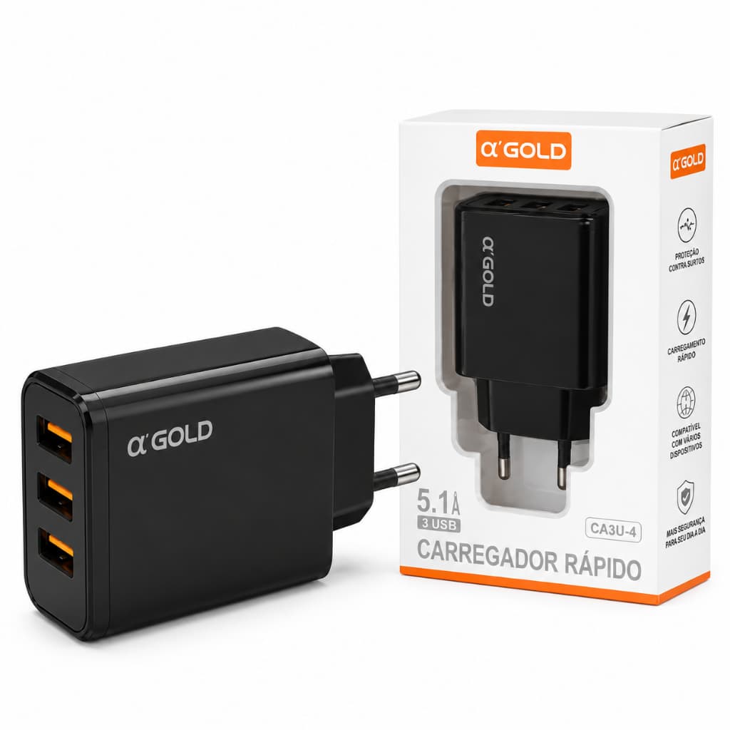 Fonte 3 Entradas USB Carregador Celular Rápido Original α'Gold