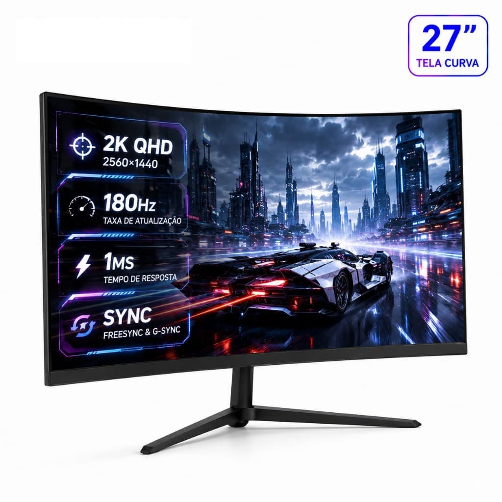 Monitor Gamer 27" 2K QHD 1ms Curvo 1800R 180Hz FreeSync Alta Taxa de Atualização DisplayPort